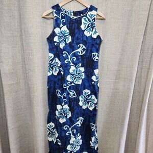 VTG Shannon Marie Maxi Dress Women M Blue Sleeveless Sheath Floral Hawaiian Luau